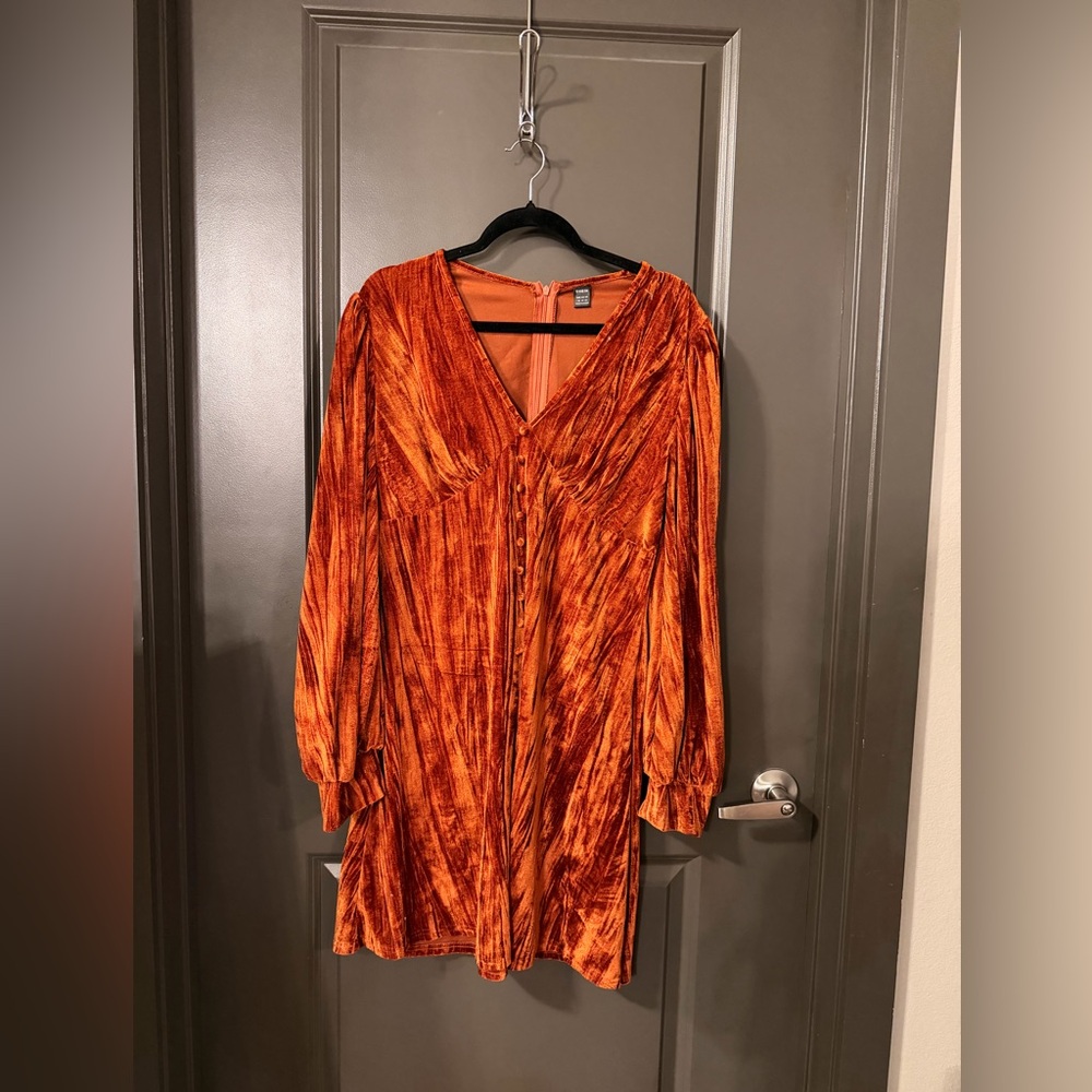Crushed Velvet Orange Button-Front Dress